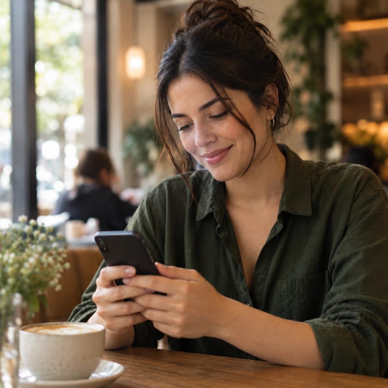 Woman smiling at her phone next to a cup of coffee