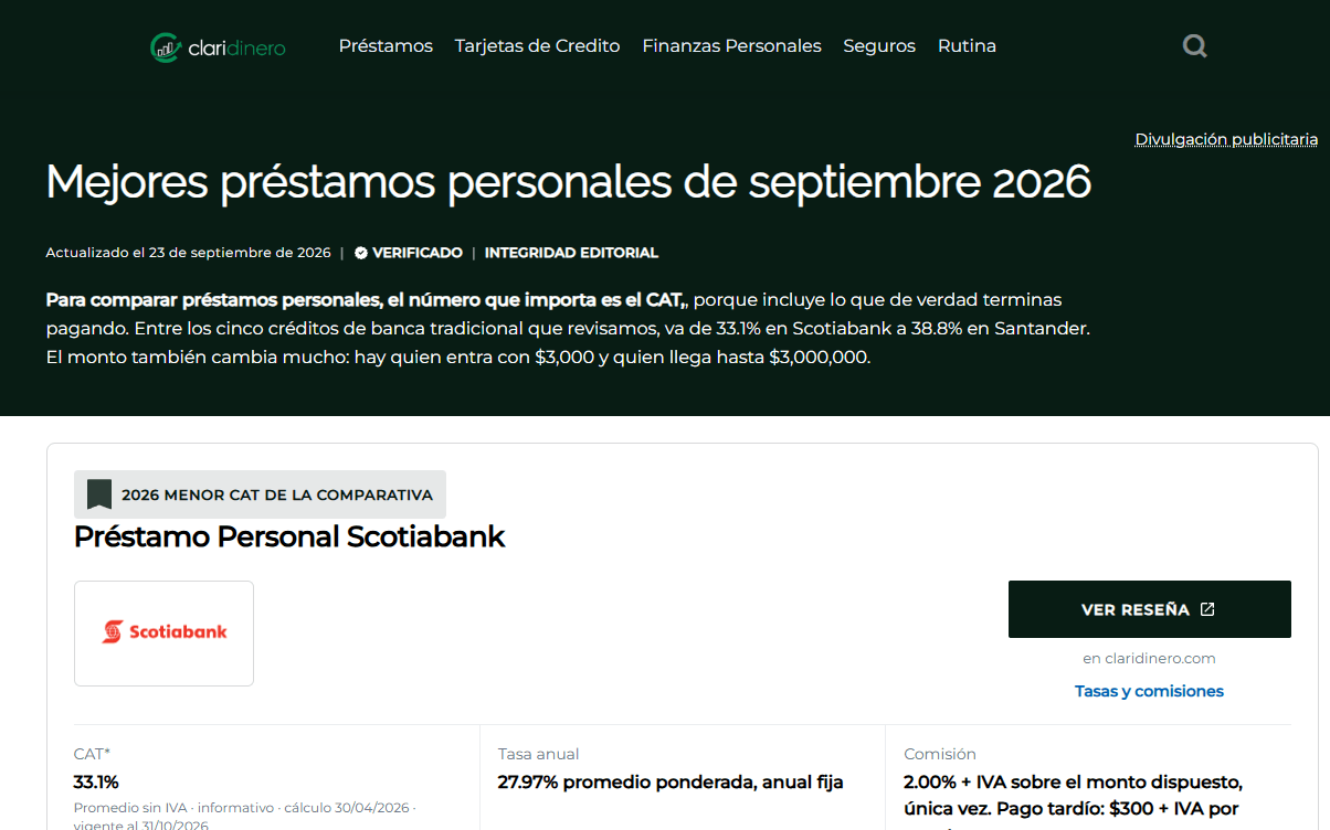 Claridinero website home page